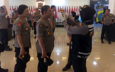 Personil Polda Sumatera Utara Cek Suhu Tubuh