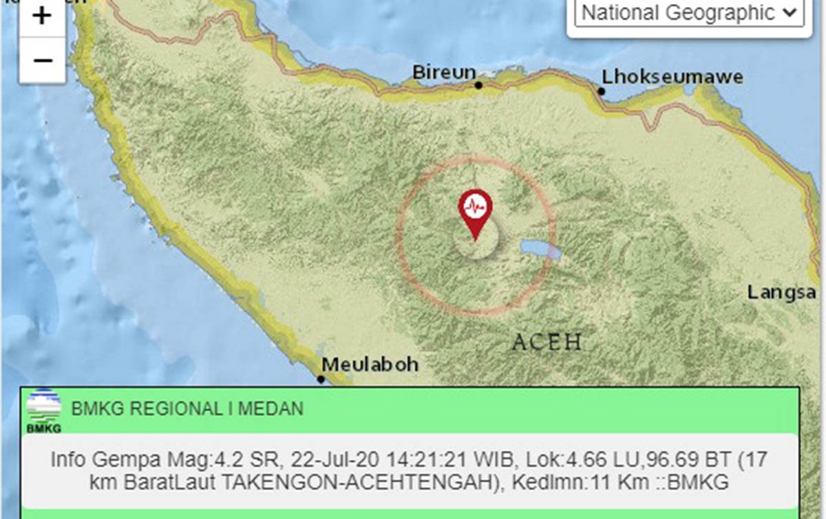 Gempabumi Magnitudo 4,2 Getarkan Takengon, Tak Berpotensi Tsunami