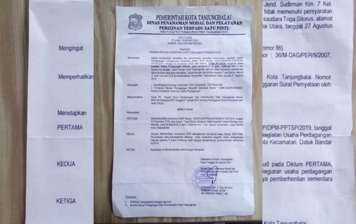 Pemilik Hotel Tresya Mempertanyakan Surat DPM-PPTSP