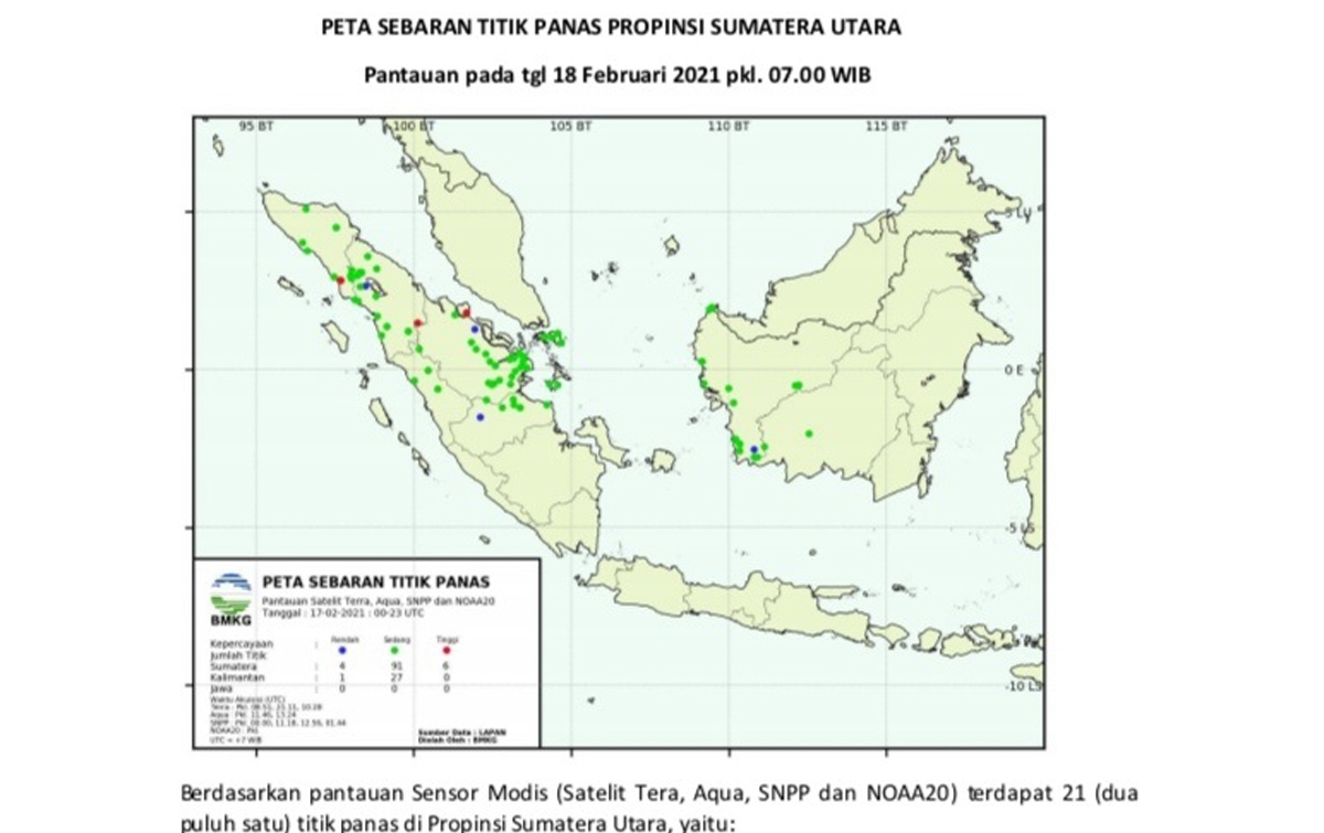 BMKG Deteksi 21 Titik Api di Sumatera Utara