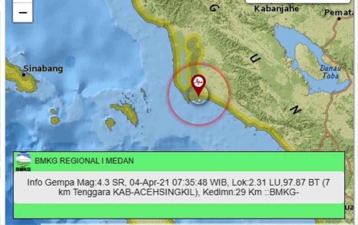 Gempa 4,3 Magnitudo Getarkan Aceh Singkil