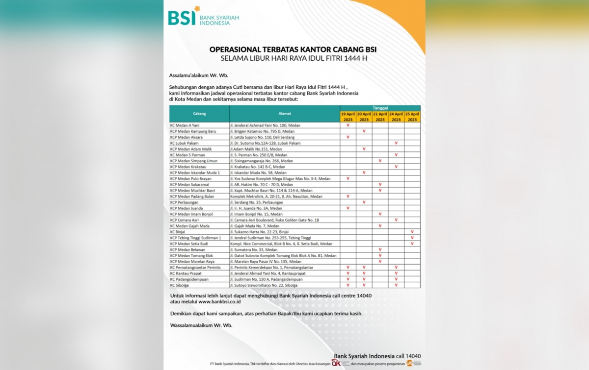 Operasional Terbatas Kantor Cabang BSI Selama Libur Lebaran 2023