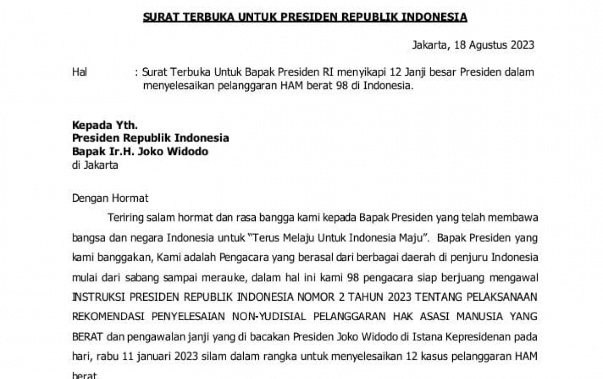 Tagih Janji Penyelesaian Pelanggaran HAM Berat, Aliansi '98 Pengacara Kirim Surat Terbuka Kepada Presiden Jokowi