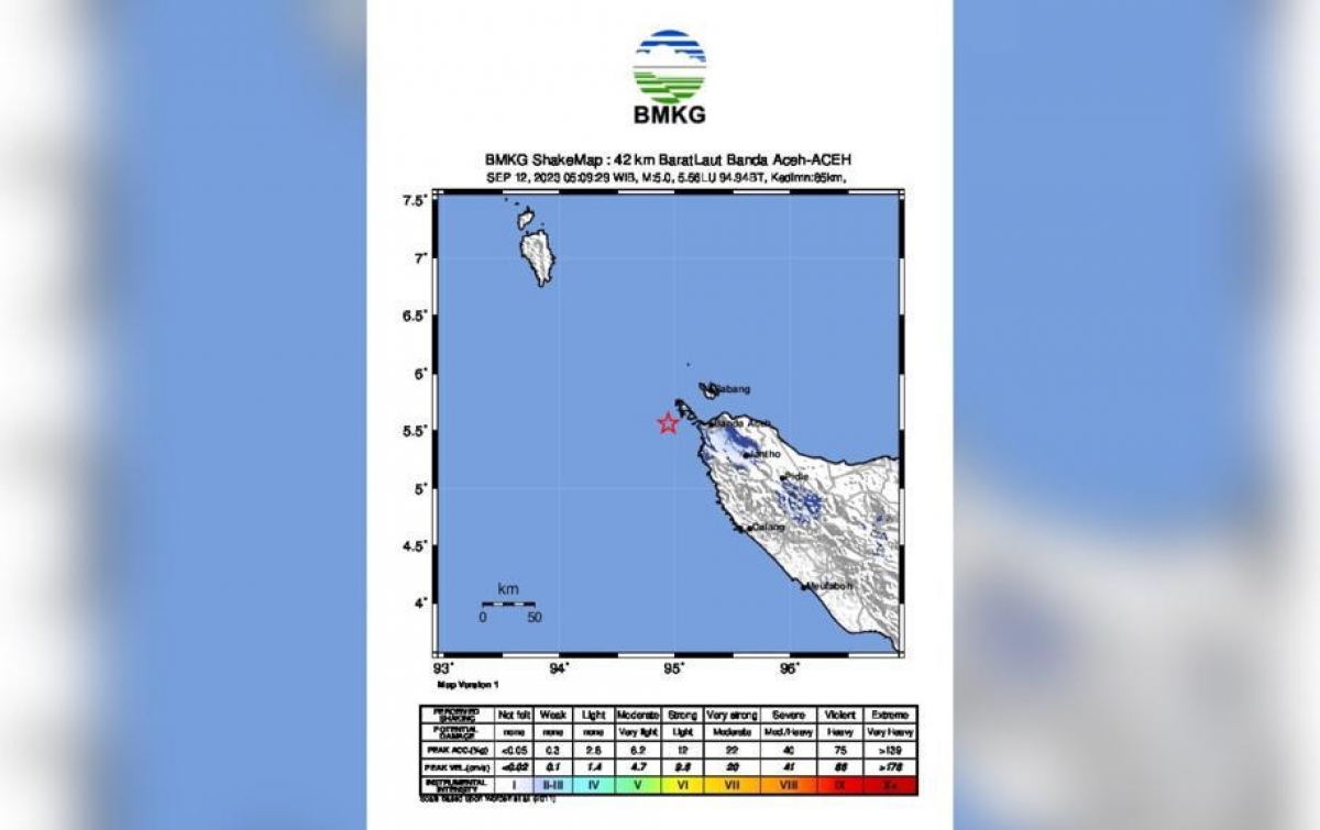 Gempa M 5,2 di Samudera Hindia Pantai Barat Sumatera Aceh, Tak Berpotensi Tsunami