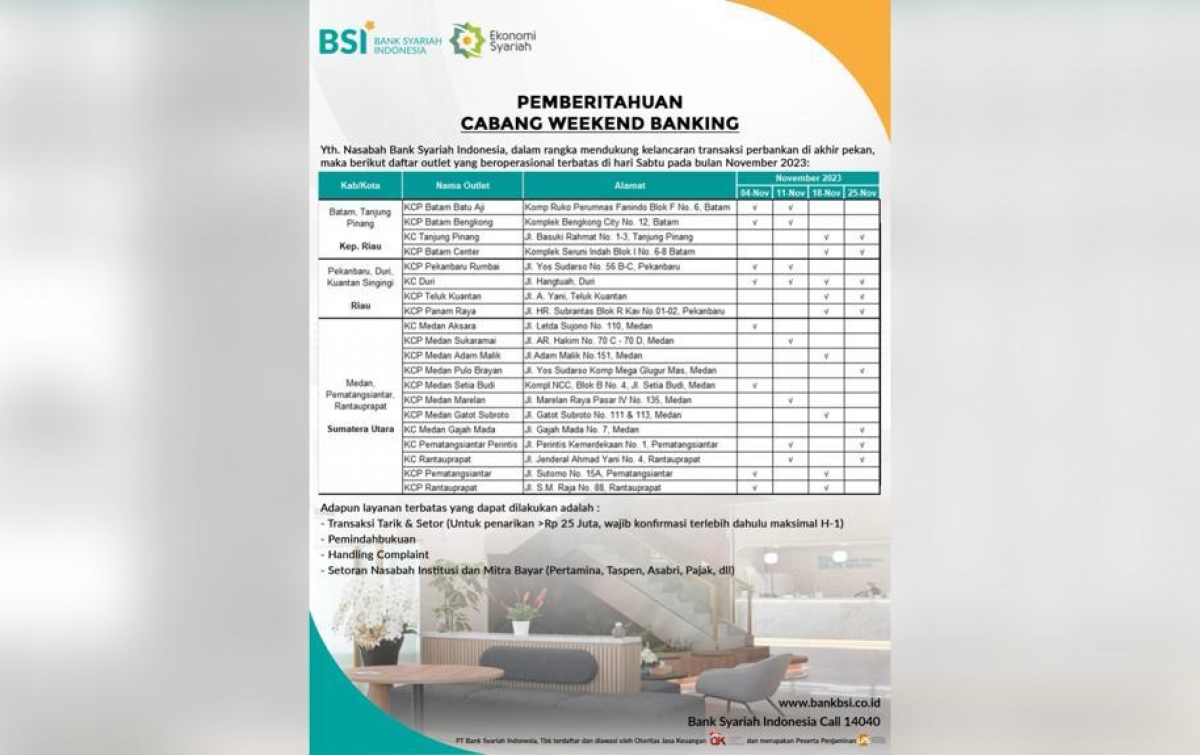 BSI Umumkan Pemberitahuan Cabang Weekend Banking untuk November 2023