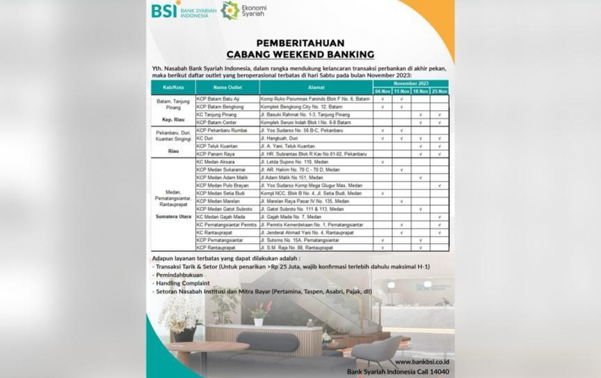 BSI Umumkan Cabang Weekend Banking untuk november 2023, Yuk Ketahui!