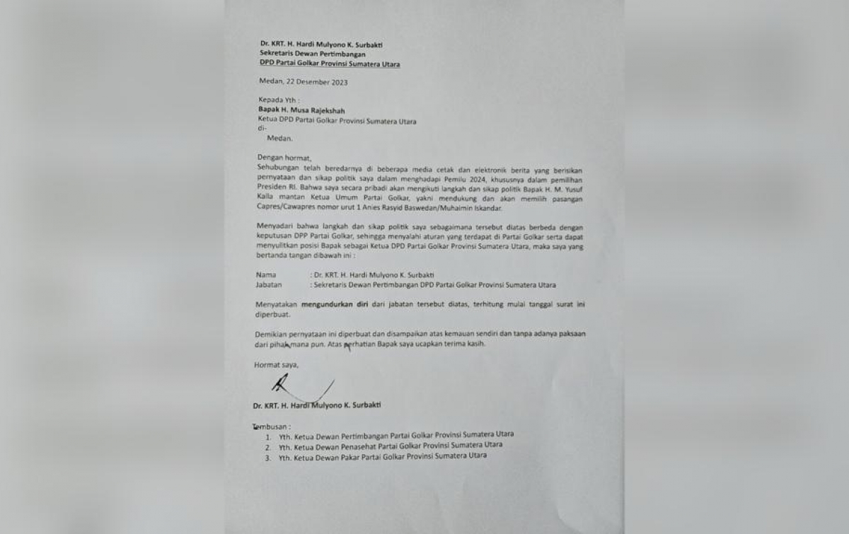 Hardi Mulyono Ajukan Pengunduran Diri Sebagai Sekretaris Wantim Golkar Sumut
