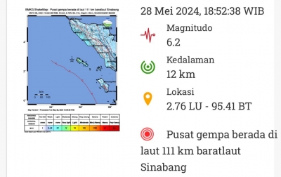 Gempabumi Magnitudo 6,2 di Pantai Barat Simeulue, Tak Berpotensi Tsunami