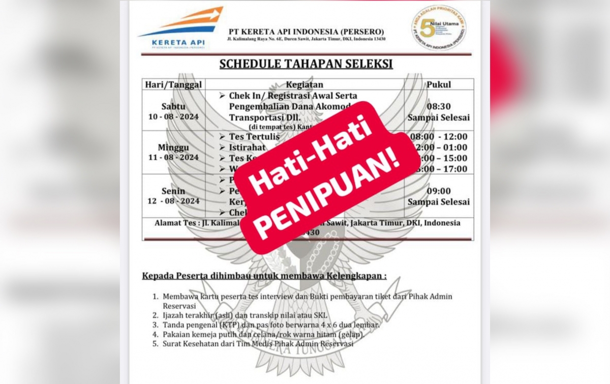 Marak Modus Penipuan Undangan Lowker, KAI Divre I Sumut Imbau Masyarakat Lebih Teliti