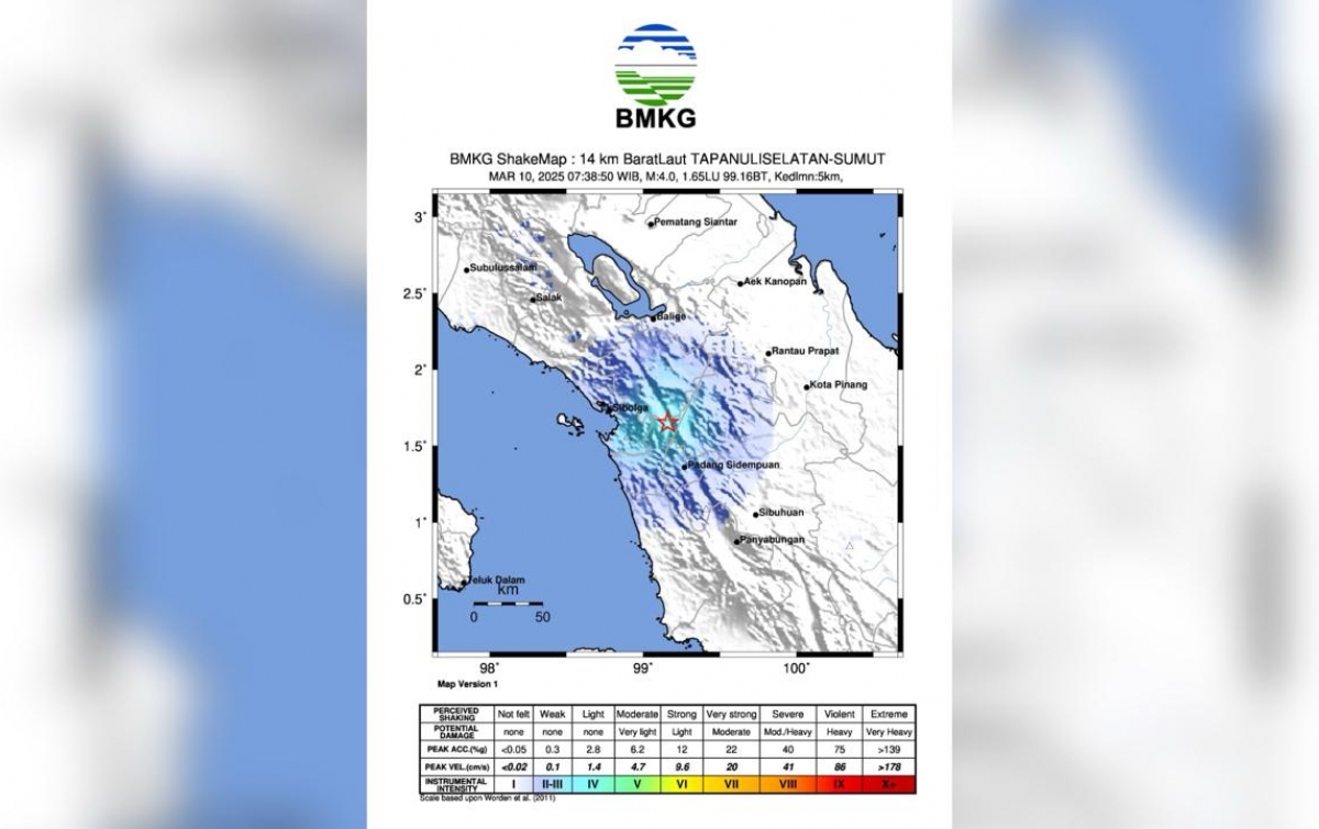 Gempabumi Magnitudo 4,0 Dirasakan di Sibolga