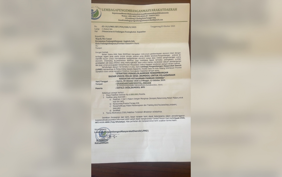 LPMD Tangerang Jadi Penyelenggara Bimtek Kades se-Kota Padangsidimpuan di Medan