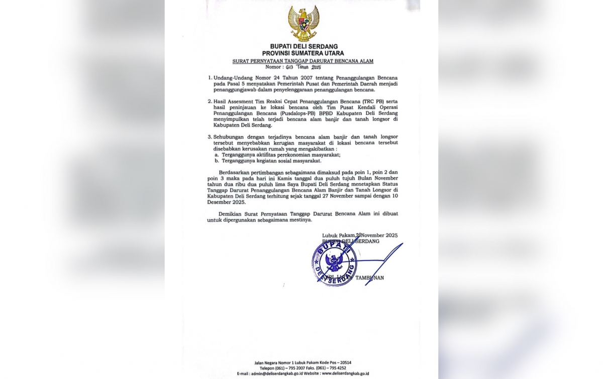 Bupati Deli Serdang Tetapkan Status Tanggap Darurat 14 Hari