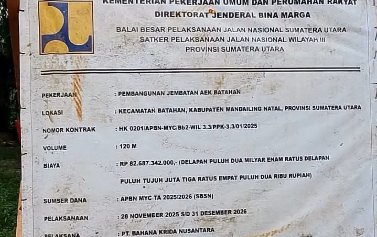 PT BKN Kerjakan Proyek Jembatan Aek Batahan Rp82,6 Miliar, Publik Soroti Rekam Jejak Perusahaan