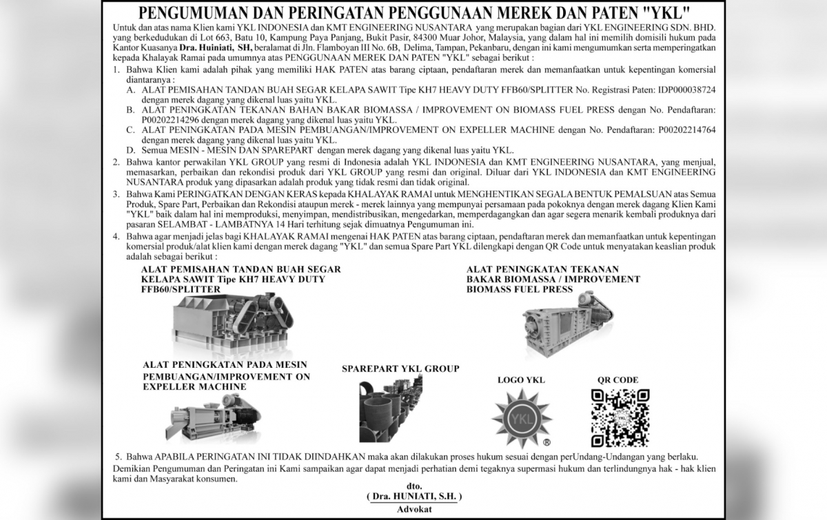Peringatan Keras YKL Group: Stop Pemalsuan Mesin Sawit dan Sparepart Ilegal!