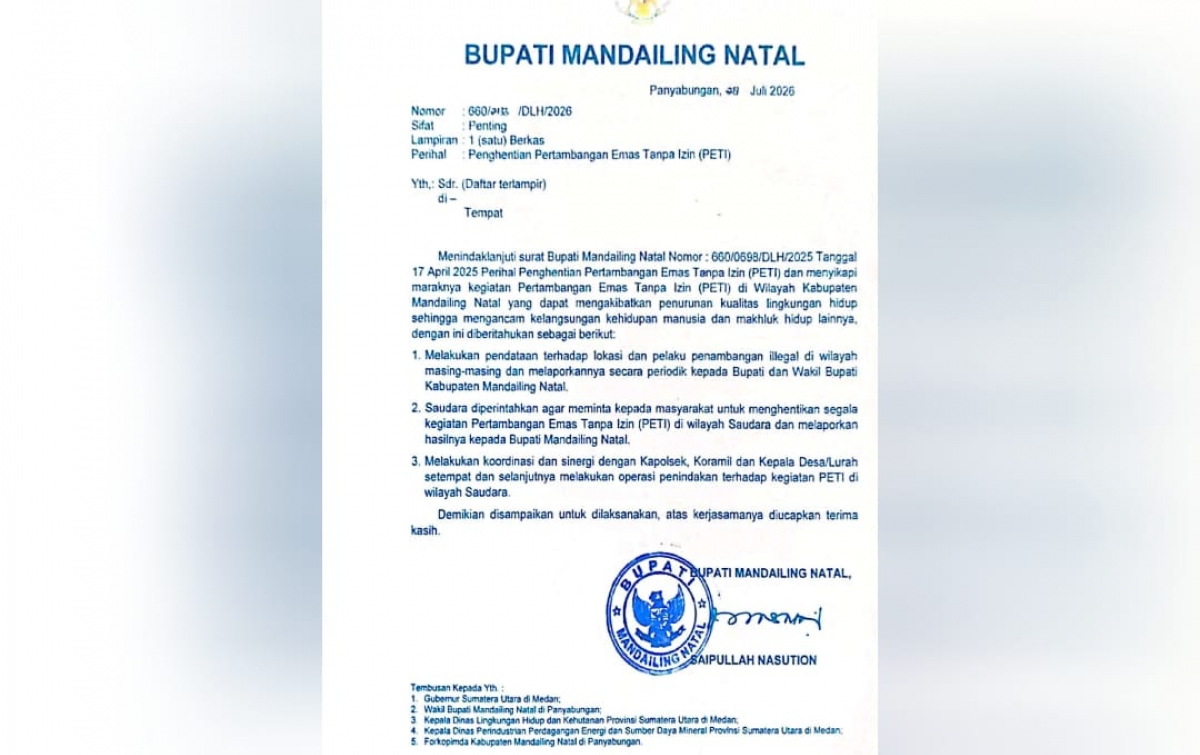 Bupati Madina Perintahkan Pendataan Pelaku PETI, Operasi Penertiban Diperkuat