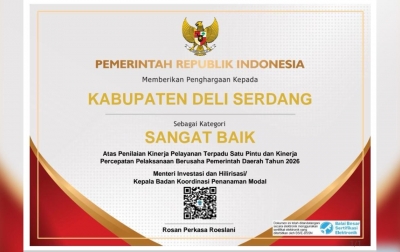 Nilai Telbus 91,728, Menteri Investasi dan Hilirisasi Tetapkan Kinerja Perizinan Deli Serdang Sangat Baik